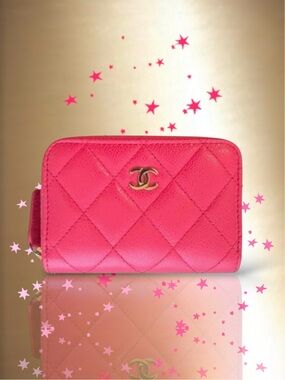 💗CHANEL Zip Coin Purse Wallet Quilted Hot Pink CAVIAR CC Logo Gold-Tone Hardware